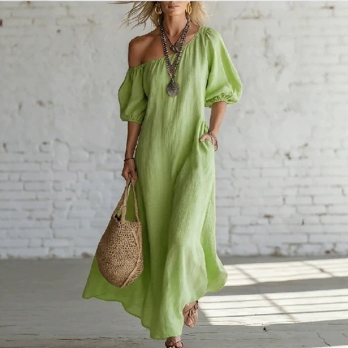 Relaxed Linen Maxi Dress with Off-Shoulder Neckline and Puff Sleeves