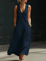 Relaxed Linen Maxi Dress with V-Neckline and Diagonal Buttons