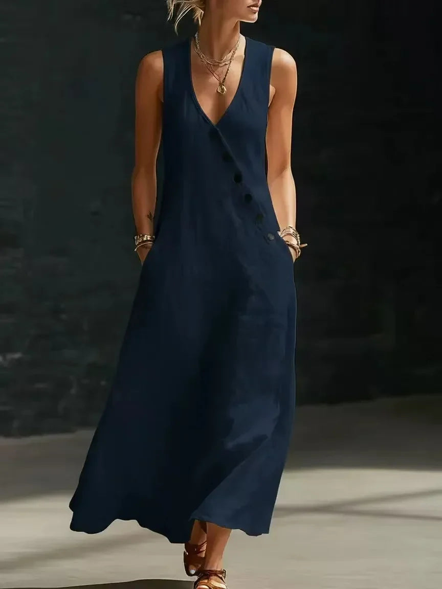Relaxed Linen Maxi Dress with V-Neckline and Diagonal Buttons