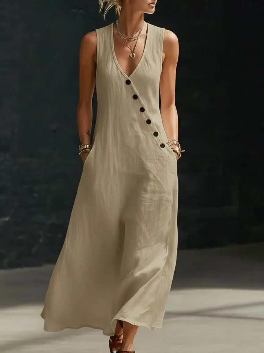 Relaxed Linen Maxi Dress with V-Neckline and Diagonal Buttons
