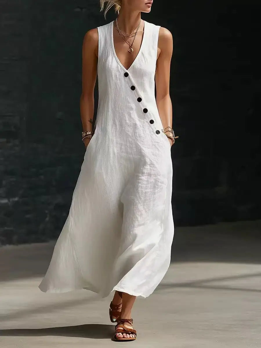 Relaxed Linen Maxi Dress with V-Neckline and Diagonal Buttons