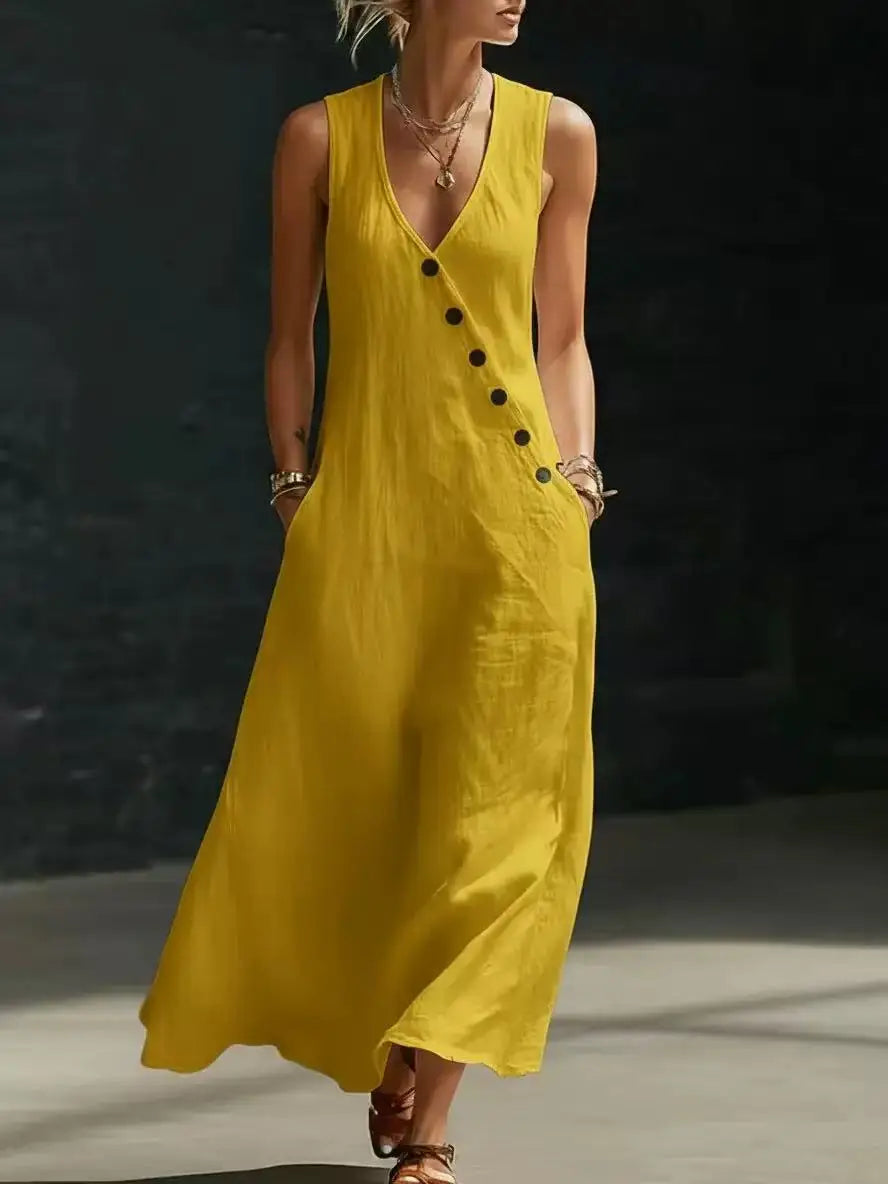 Relaxed Linen Maxi Dress with V-Neckline and Diagonal Buttons