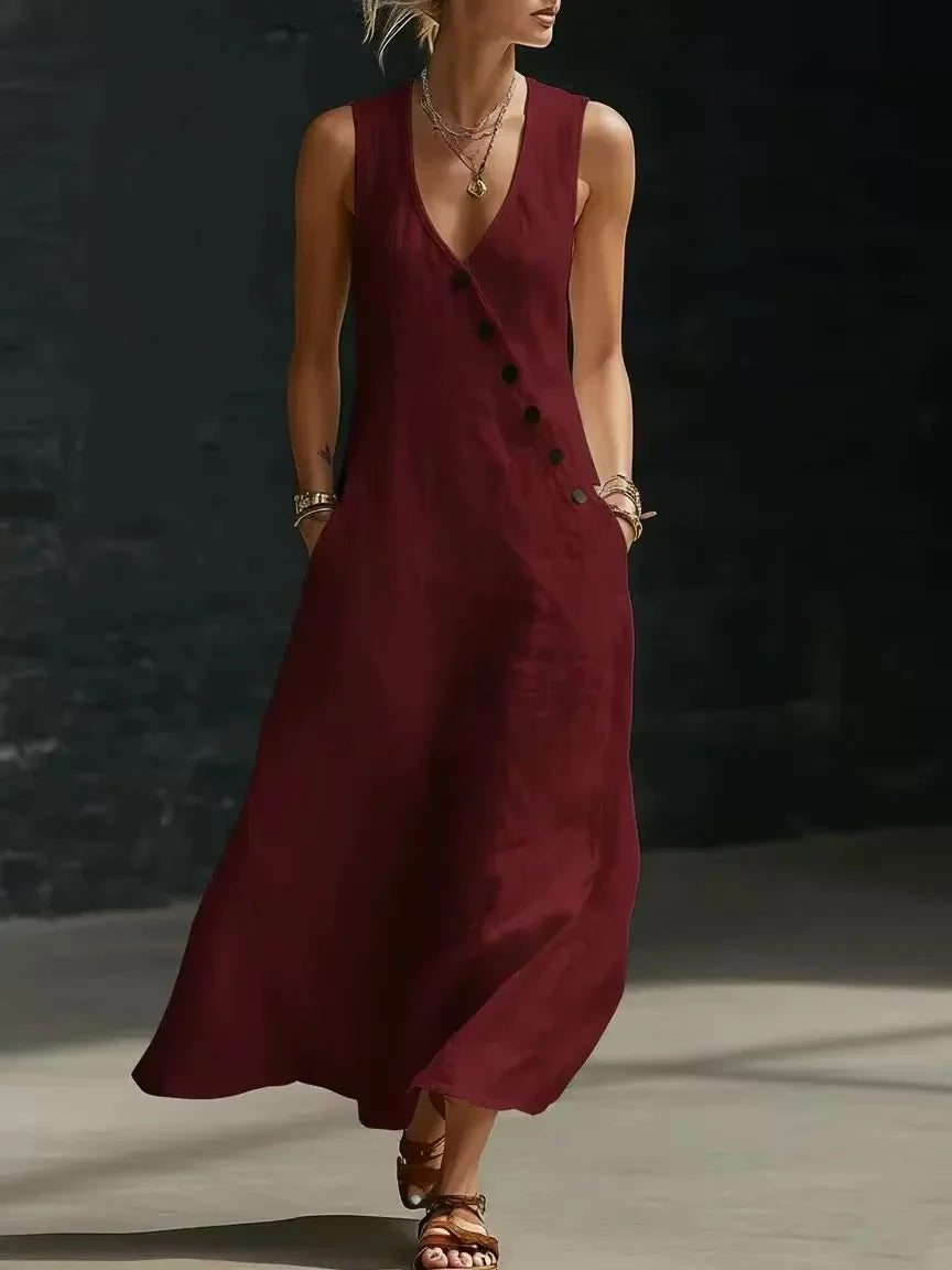 Relaxed Linen Maxi Dress with V-Neckline and Diagonal Buttons