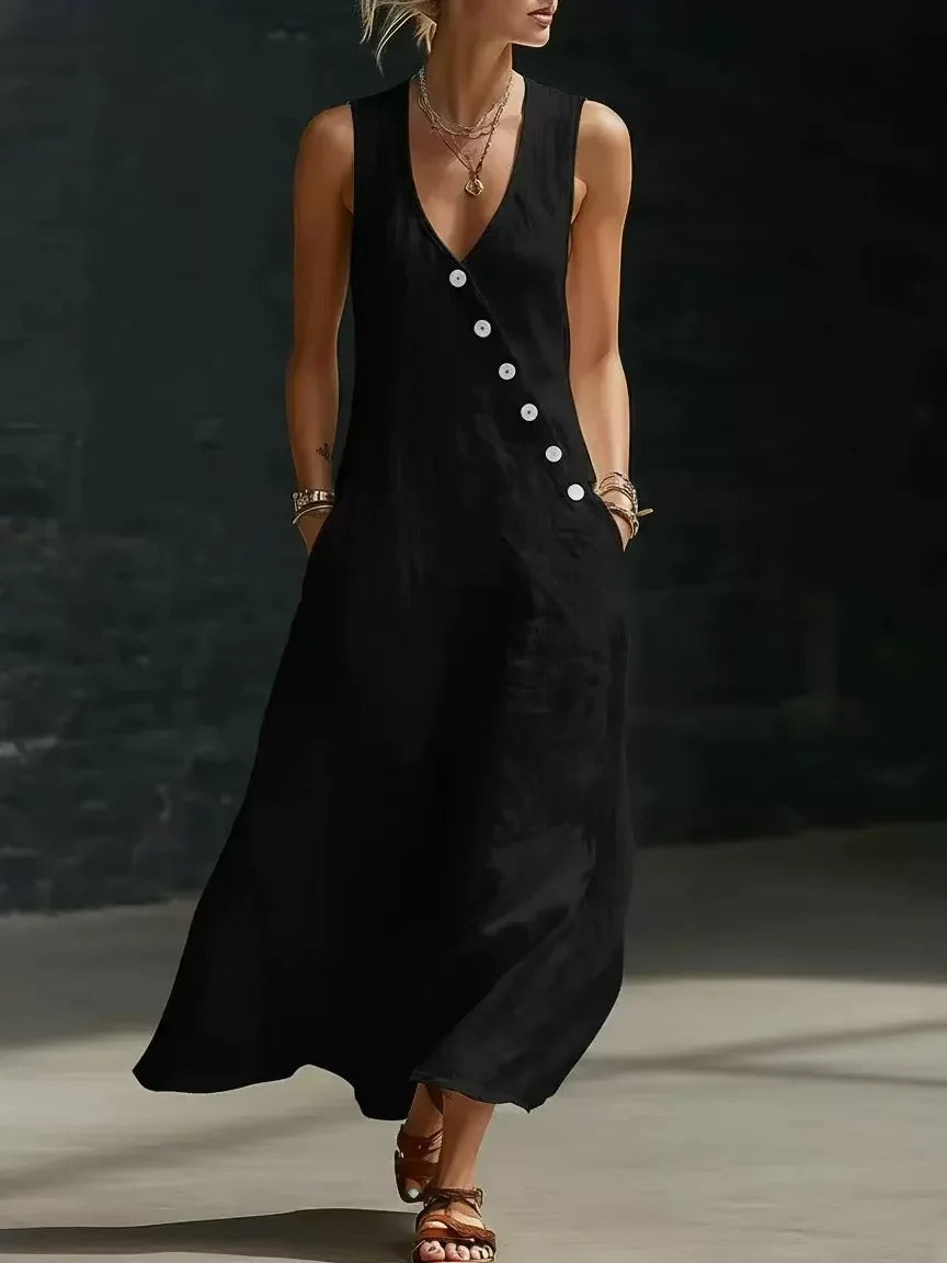 Relaxed Linen Maxi Dress with V-Neckline and Diagonal Buttons