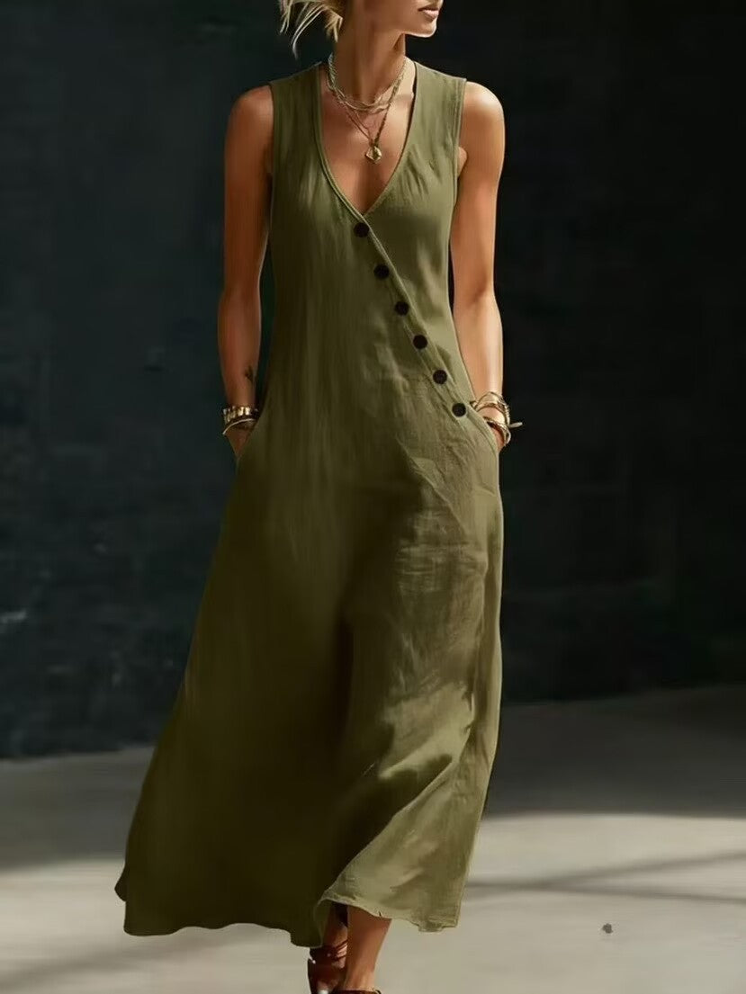 Relaxed Linen Maxi Dress with V-Neckline and Diagonal Buttons