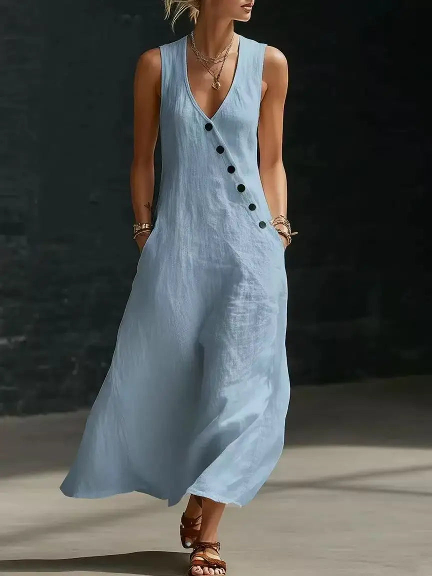 Relaxed Linen Maxi Dress with V-Neckline and Diagonal Buttons