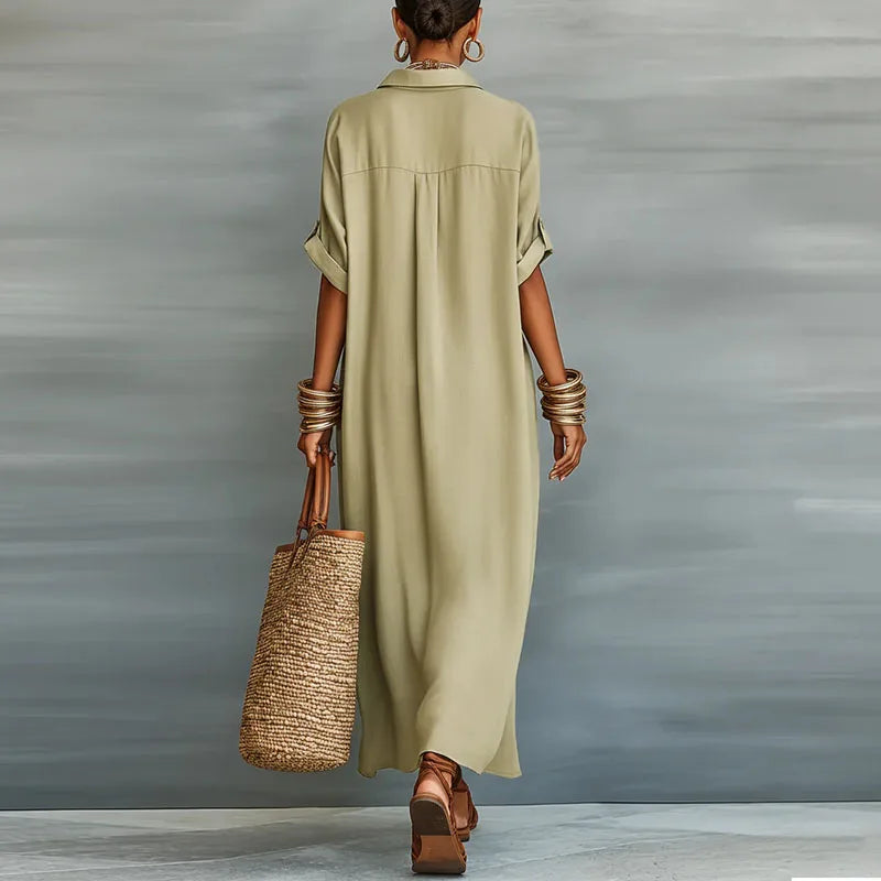 Relaxed Linen Shirt Maxi Dress with Button Front and Collar