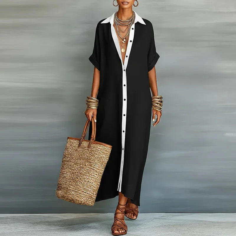 Relaxed Linen Shirt Maxi Dress with Button Front and Collar