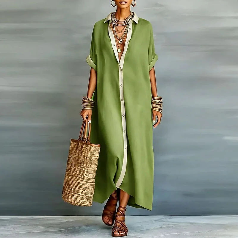 Relaxed Linen Shirt Maxi Dress with Button Front and Collar