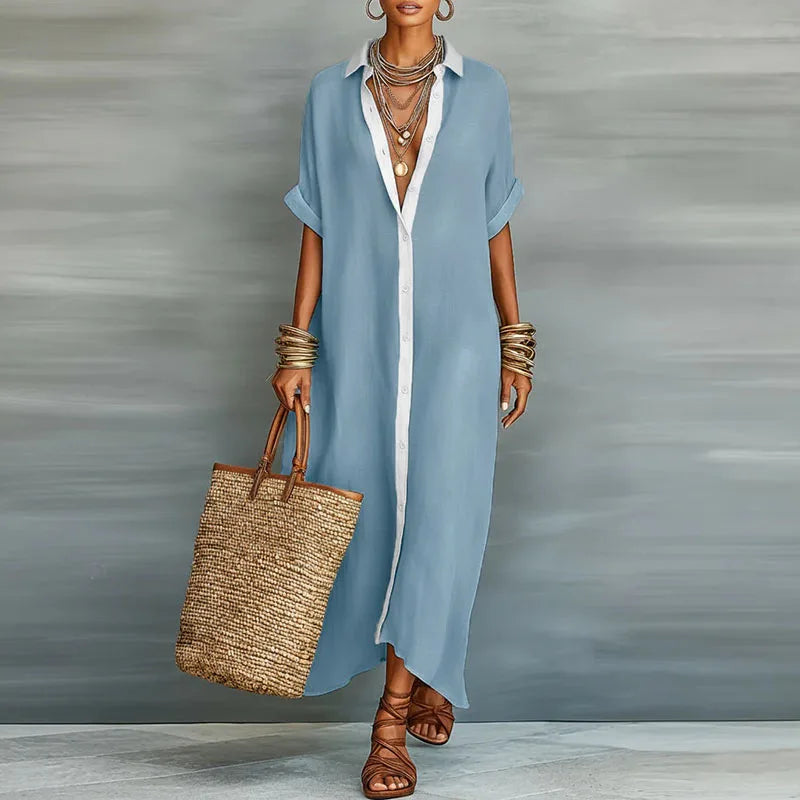 Relaxed Linen Shirt Maxi Dress with Button Front and Collar