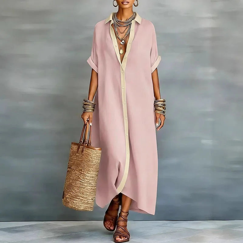 Relaxed Linen Shirt Maxi Dress with Button Front and Collar