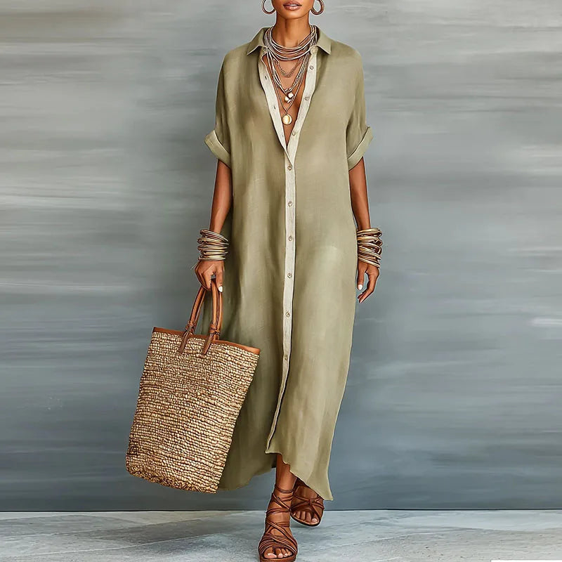 Relaxed Linen Shirt Maxi Dress with Button Front and Collar