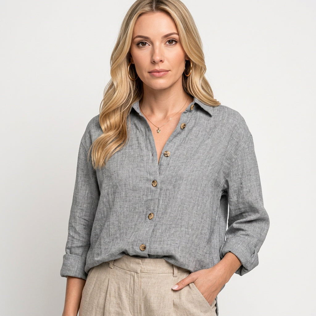 Relaxed Linen Shirt with Button Front and Collar