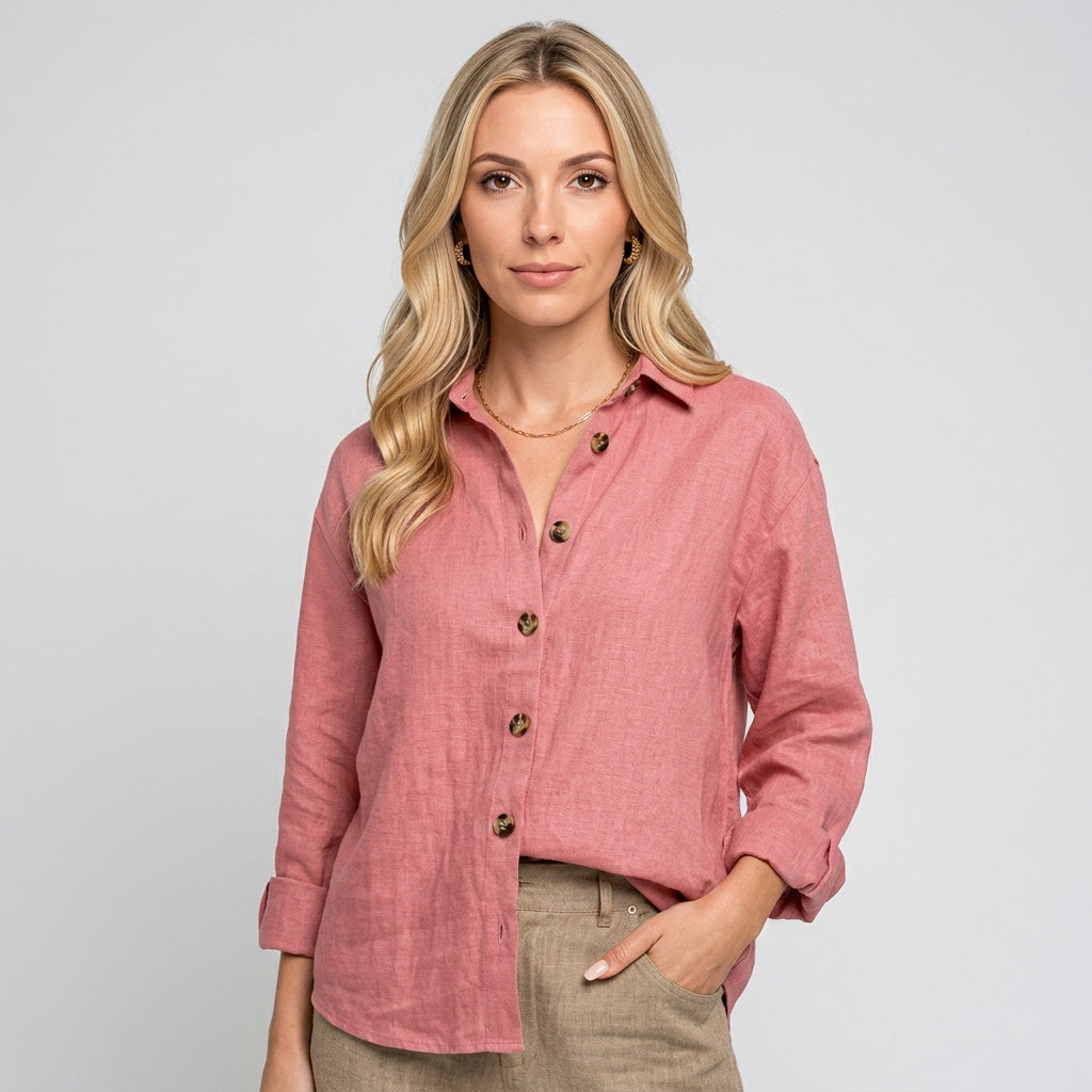 Relaxed Linen Shirt with Button Front and Collar