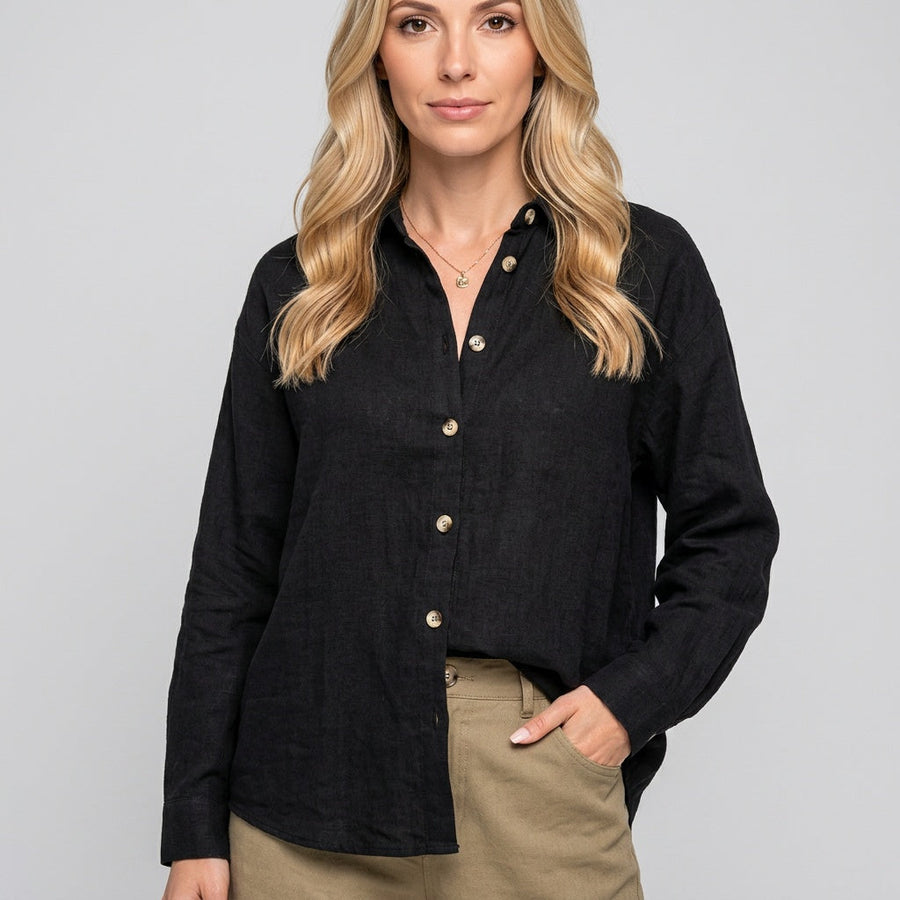 Relaxed Linen Shirt with Button Front and Collar