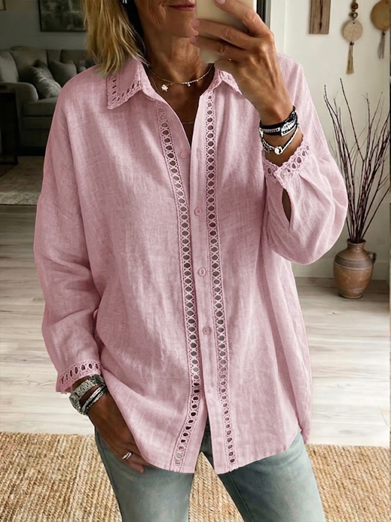 Relaxed Linen Shirt with Cutout Lace Trim Detail
