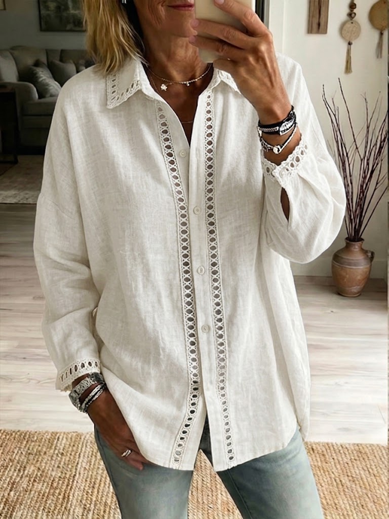 Relaxed Linen Shirt with Cutout Lace Trim Detail