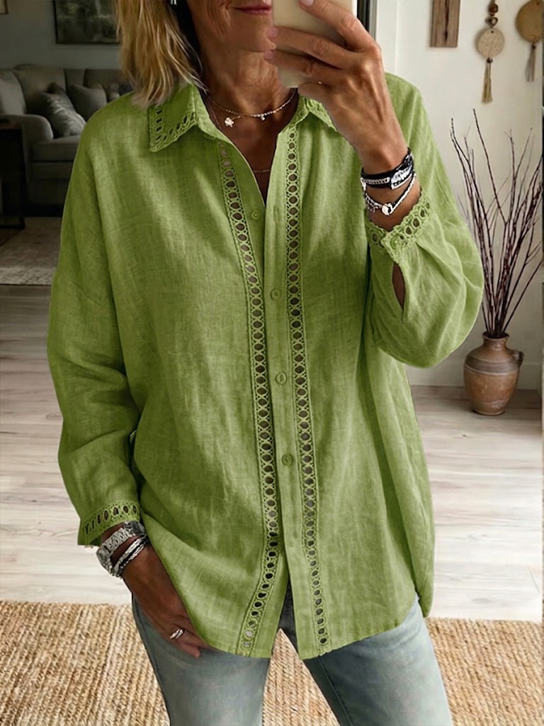 Relaxed Linen Shirt with Cutout Lace Trim Detail