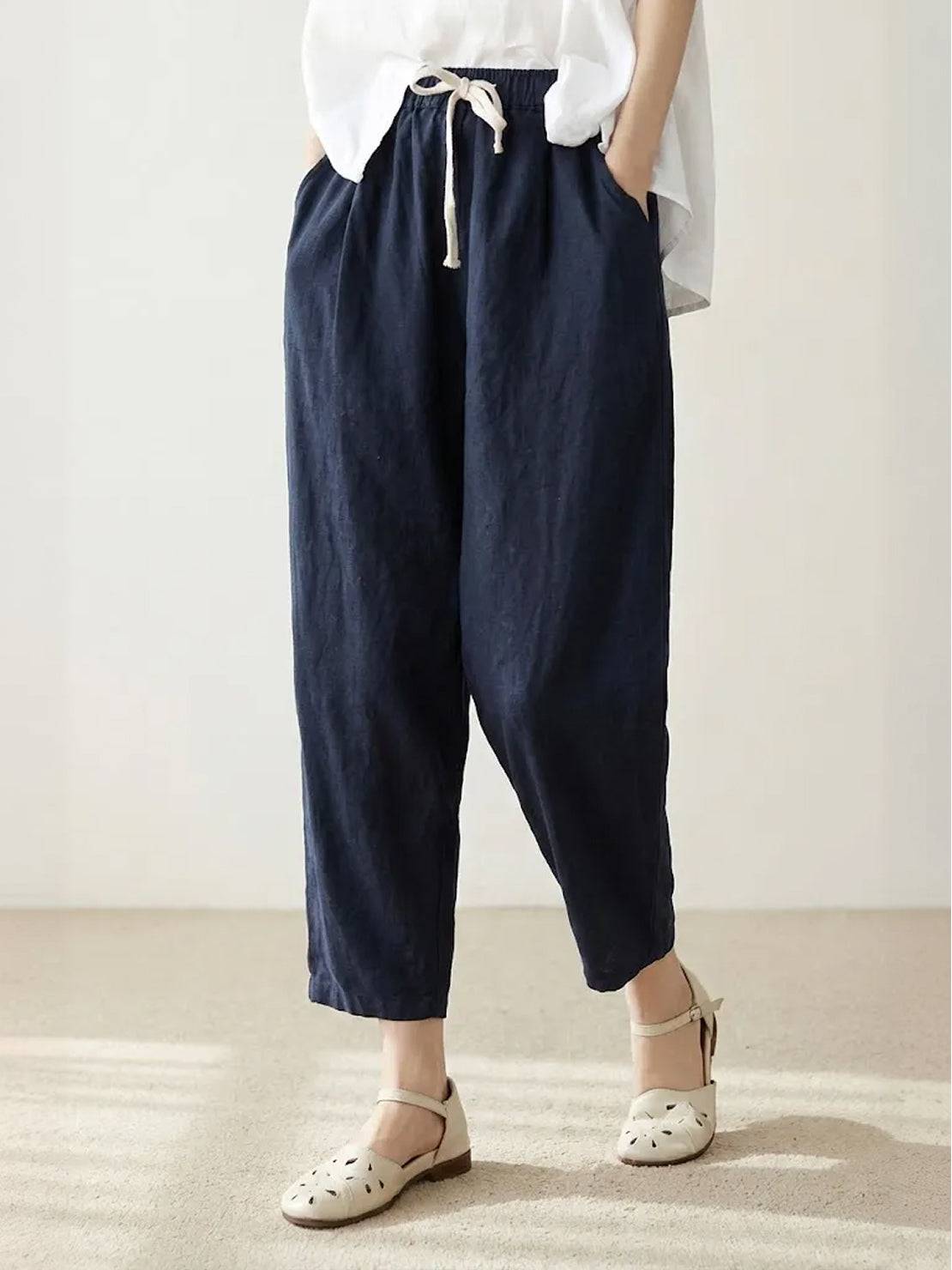 Relaxed Linen Trousers with Drawstring Waist and Rolled Hem