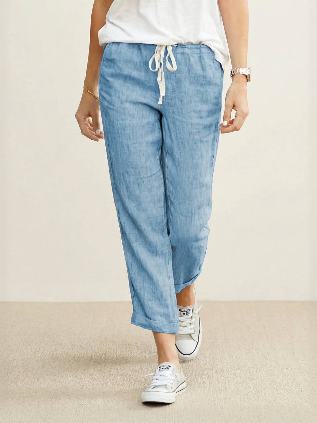 Relaxed Linen Trousers with Drawstring Waist and Rolled Hem