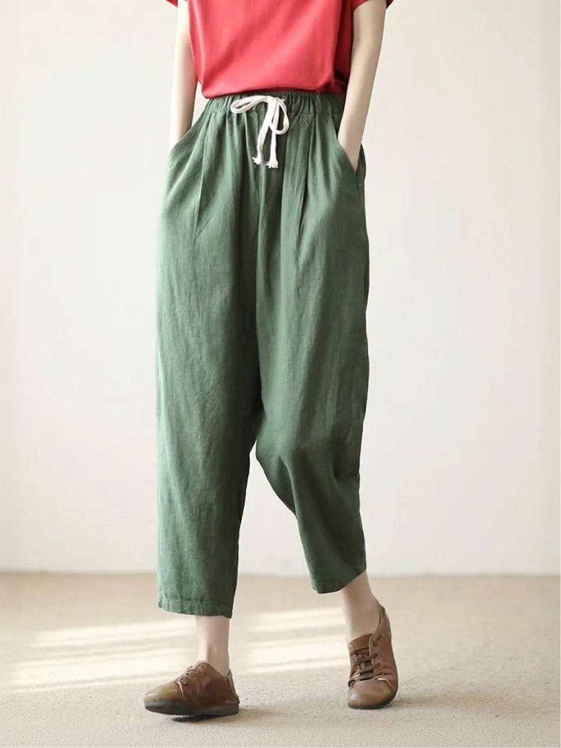 Relaxed Linen Trousers with Drawstring Waist and Rolled Hem
