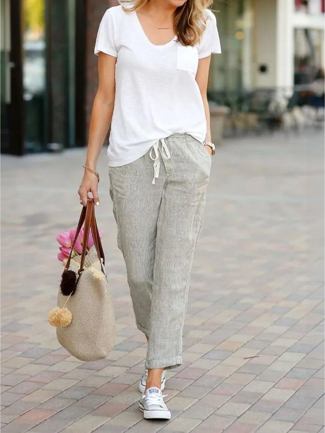 Relaxed Linen Trousers with Drawstring Waist and Rolled Hem