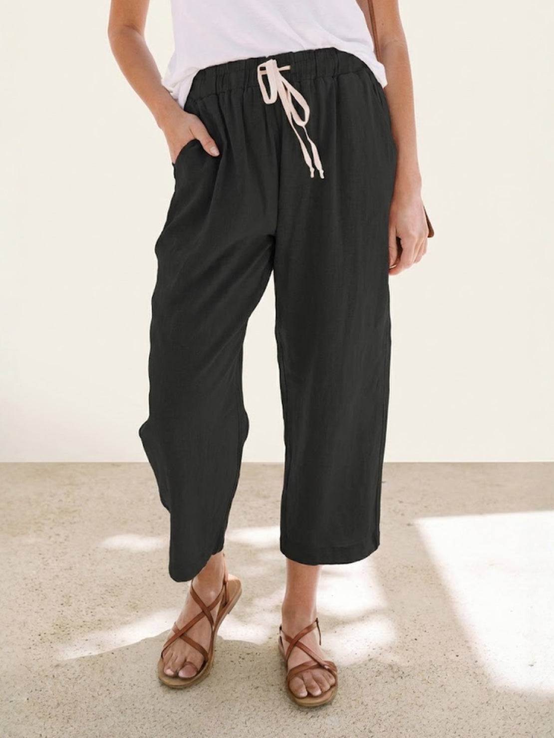 Relaxed Linen Trousers with Drawstring Waist and Rolled Hem