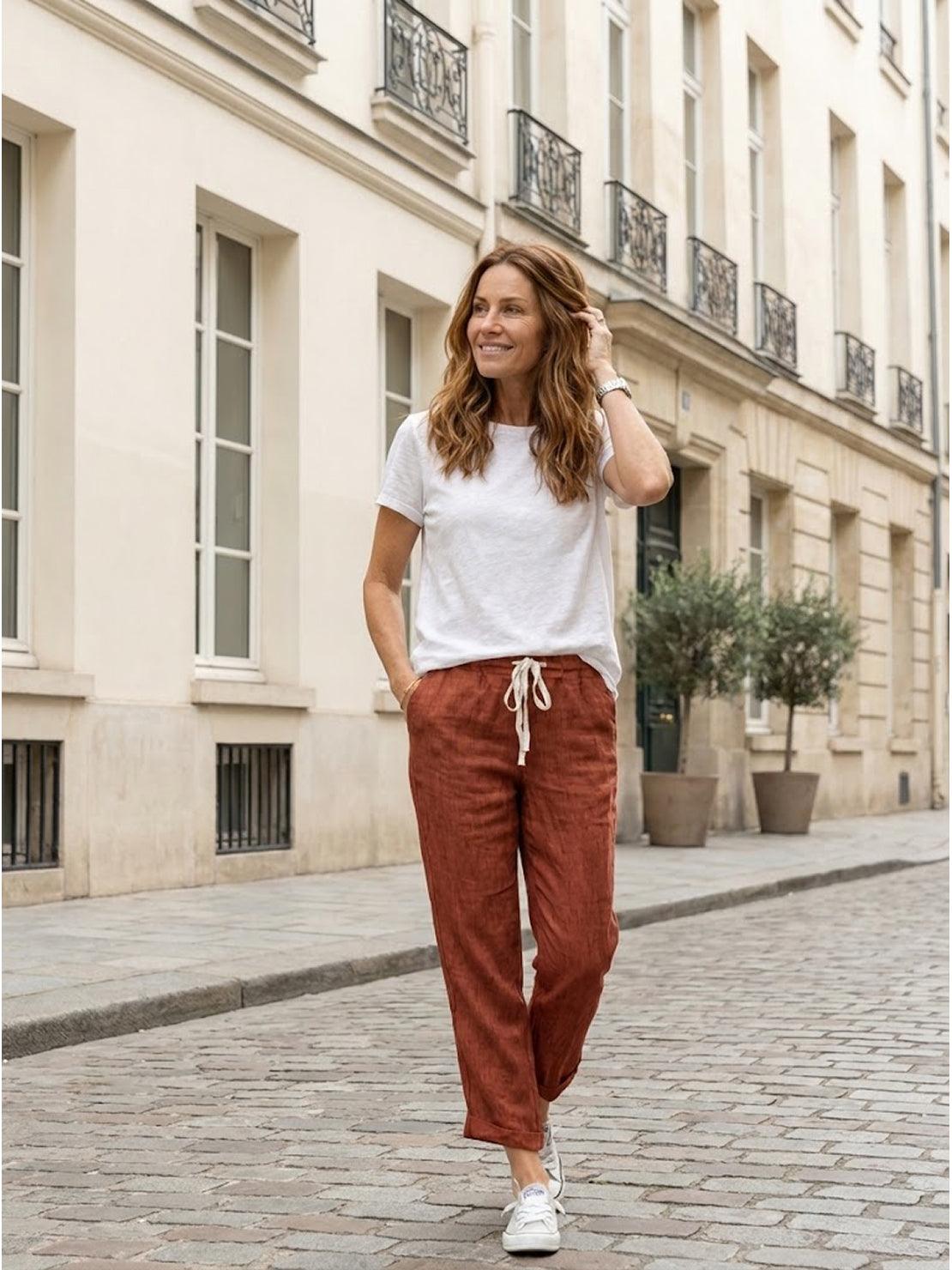 Relaxed Linen Trousers with Drawstring Waist and Rolled Hem
