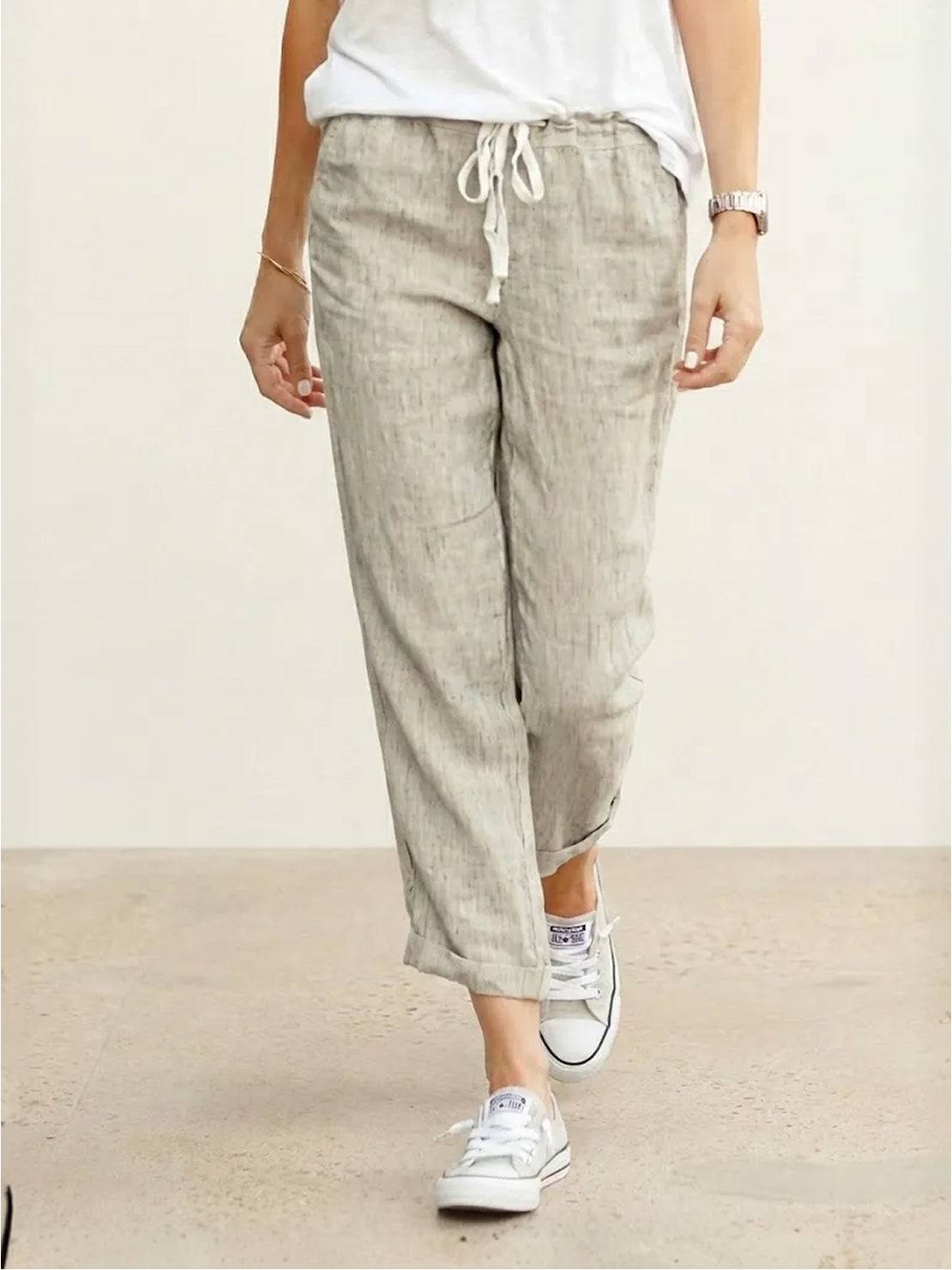 Relaxed Linen Trousers with Drawstring Waist and Rolled Hem