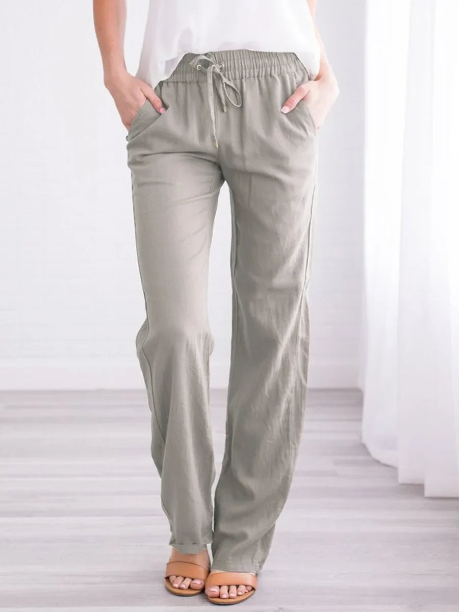 Relaxed Linen Trousers with Elasticated Drawstring Waist and Side Pockets