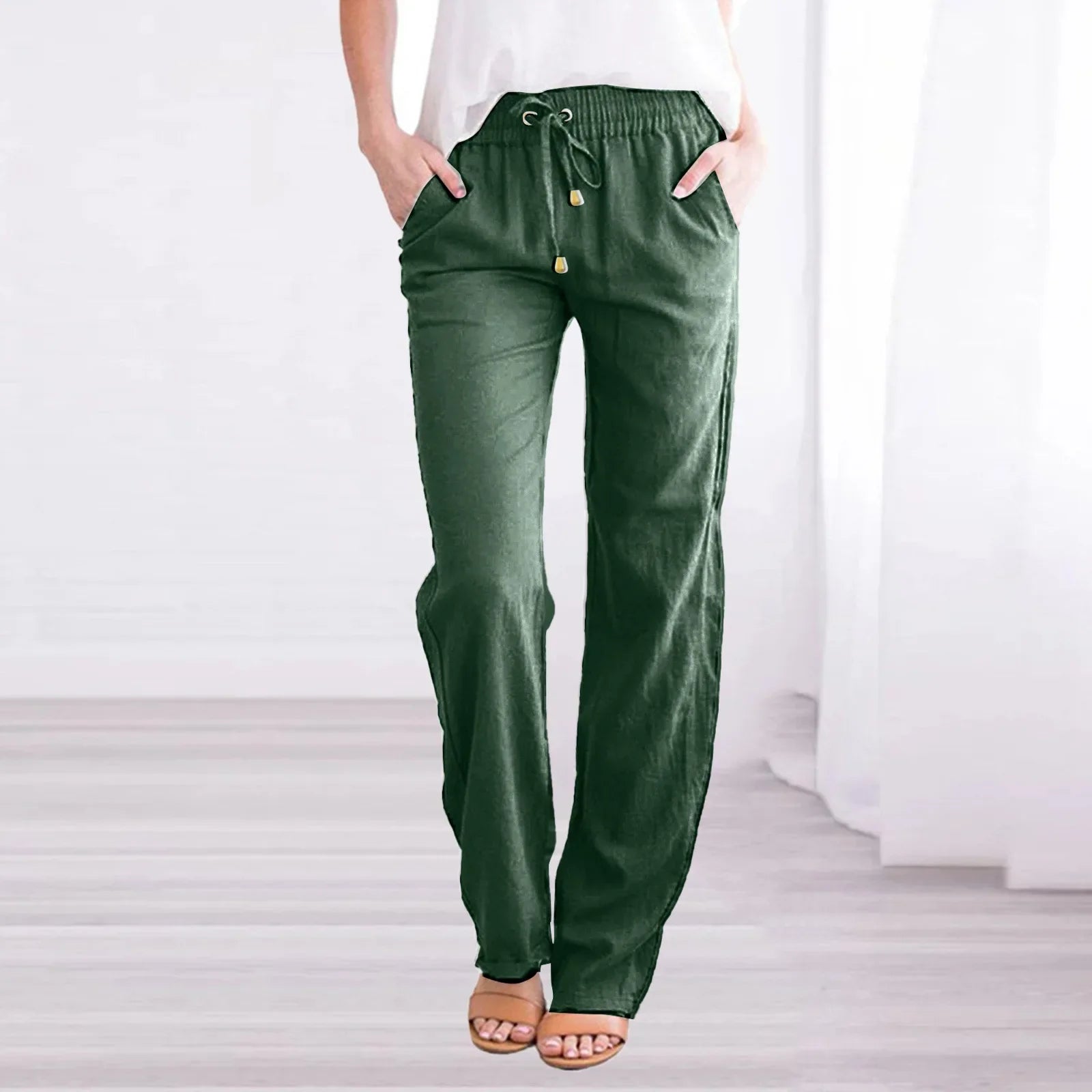 Relaxed Linen Trousers with Elasticated Drawstring Waist and Side Pockets