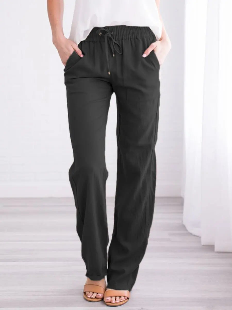 Relaxed Linen Trousers with Elasticated Drawstring Waist and Side Pockets