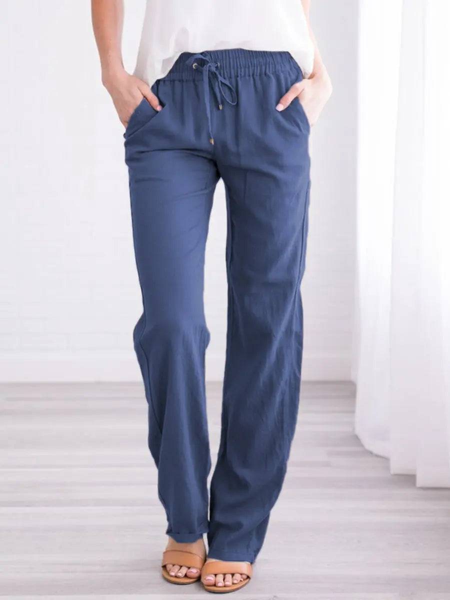 Relaxed Linen Trousers with Elasticated Drawstring Waist and Side Pockets