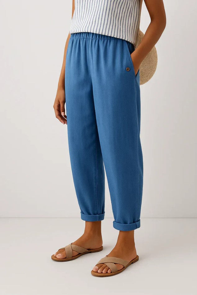 Relaxed Linen Trousers with Elasticated Waist and Cuffed Hem