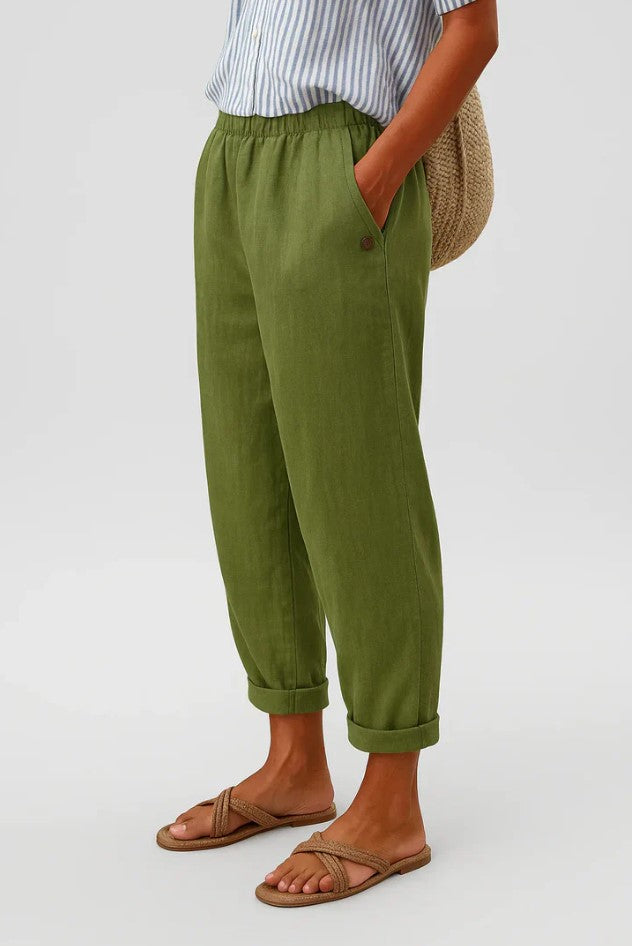 Relaxed Linen Trousers with Elasticated Waist and Cuffed Hem