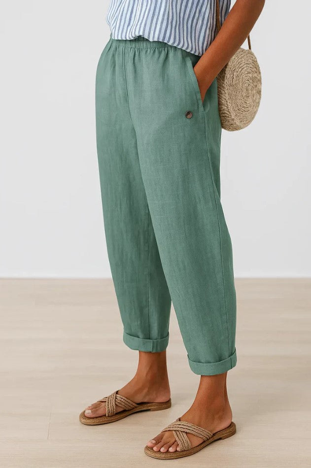 Relaxed Linen Trousers with Elasticated Waist and Cuffed Hem