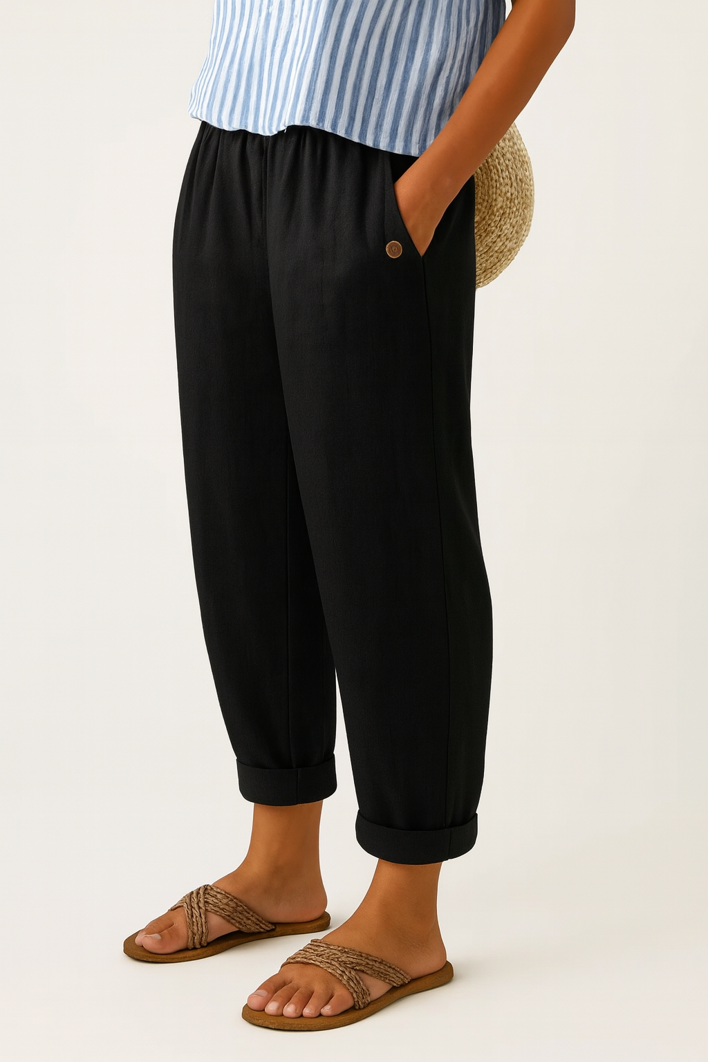 Relaxed Linen Trousers with Elasticated Waist and Cuffed Hem
