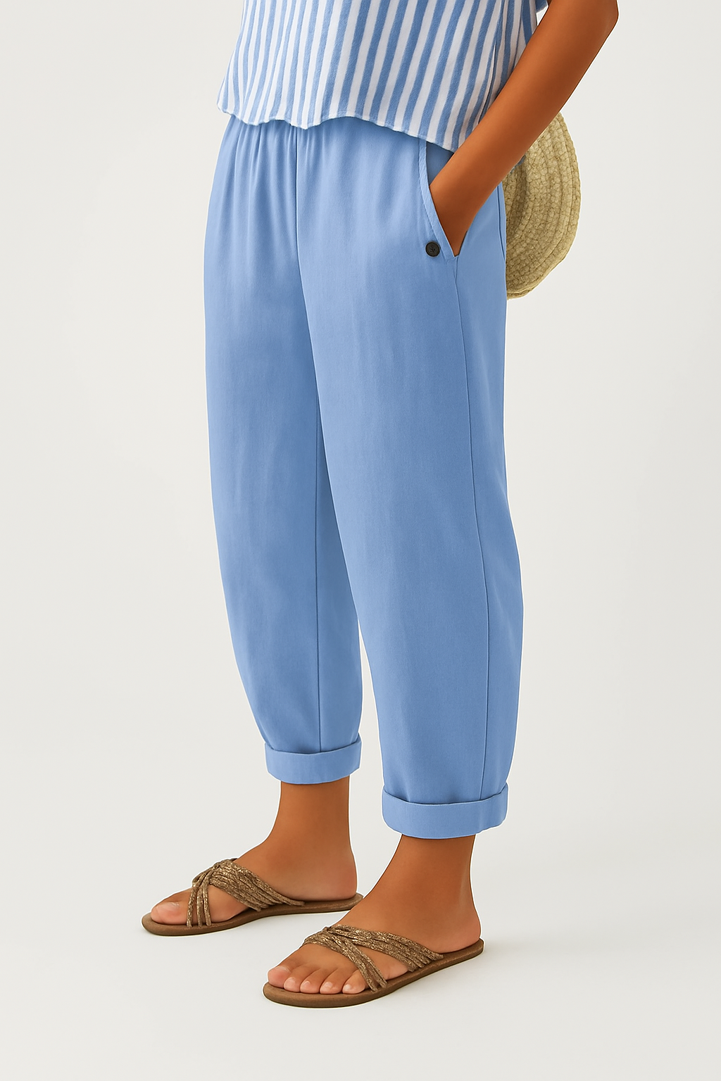 Relaxed Linen Trousers with Elasticated Waist and Cuffed Hem