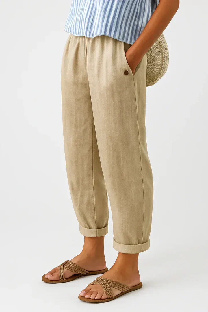 Relaxed Linen Trousers with Elasticated Waist and Cuffed Hem