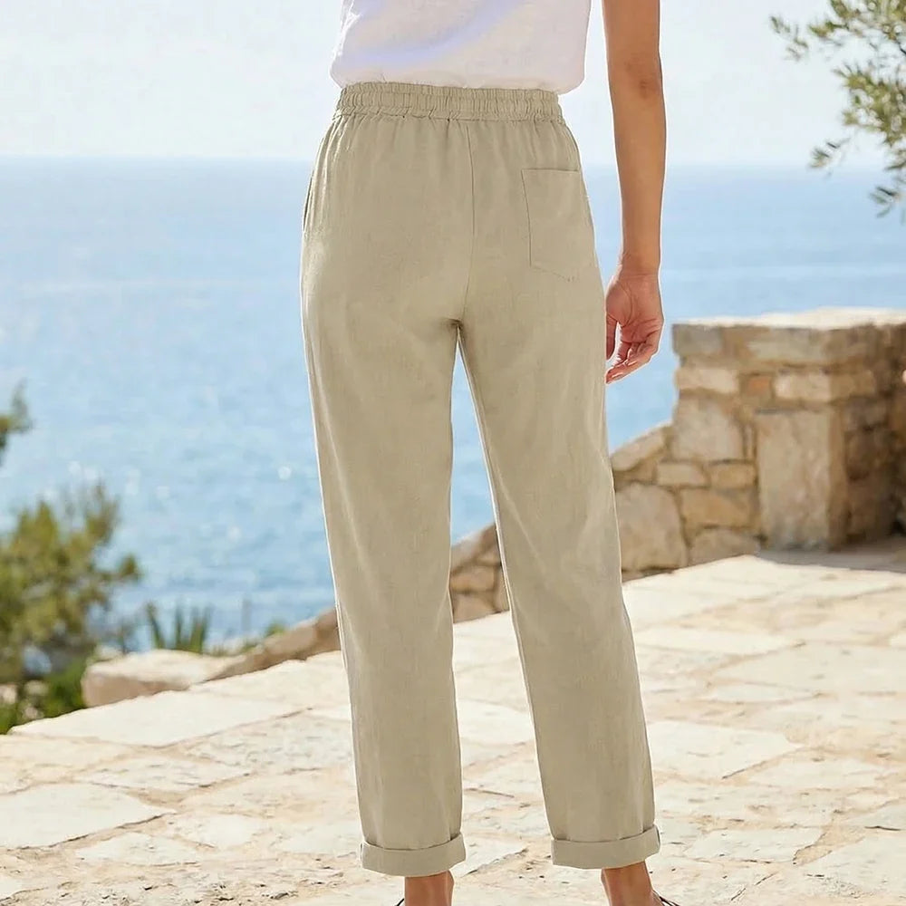 Relaxed Linen Trousers with Elasticated Waist and Drawstring