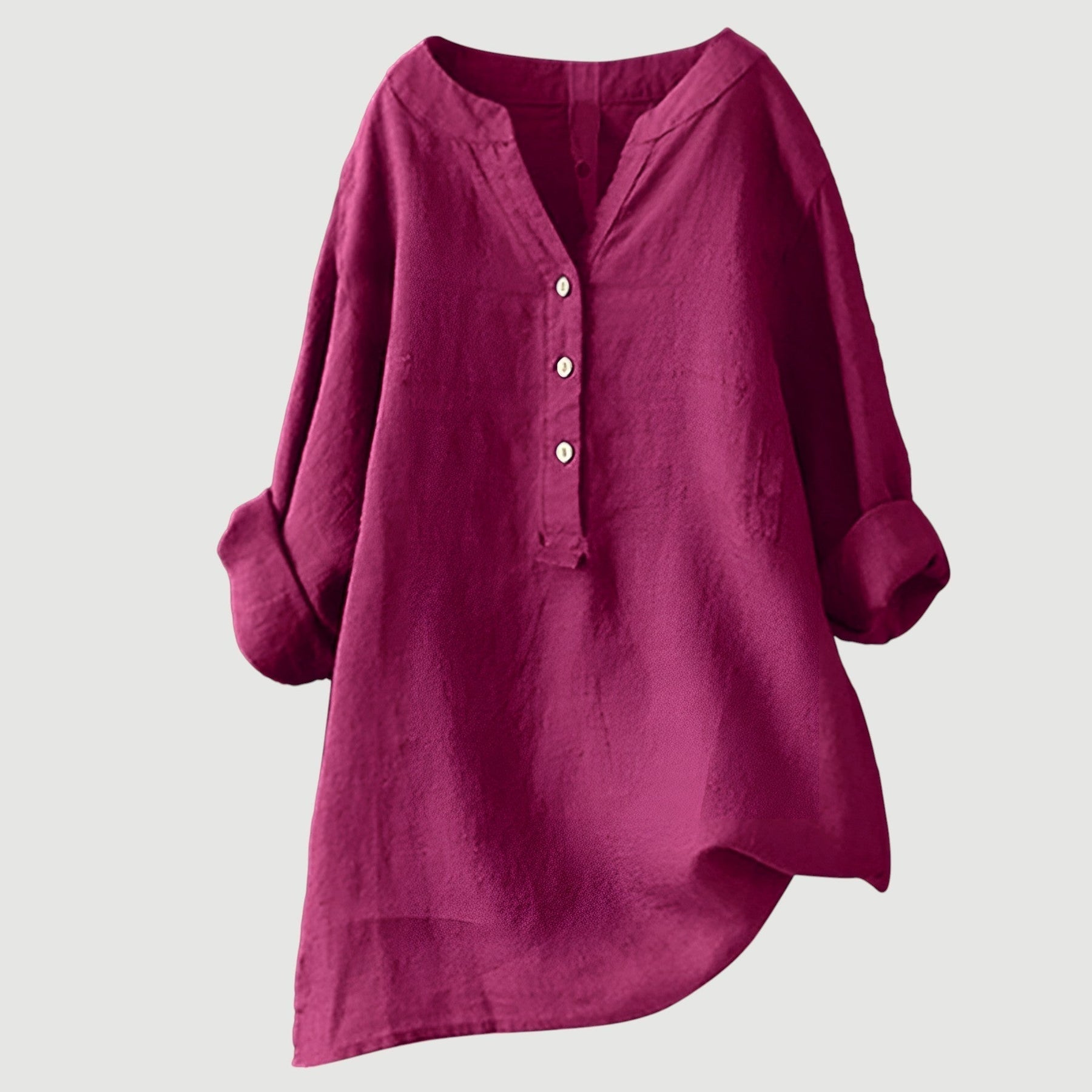 Relaxed Linen Tunic Blouse with V-Neckline and Roll-Up Sleeves