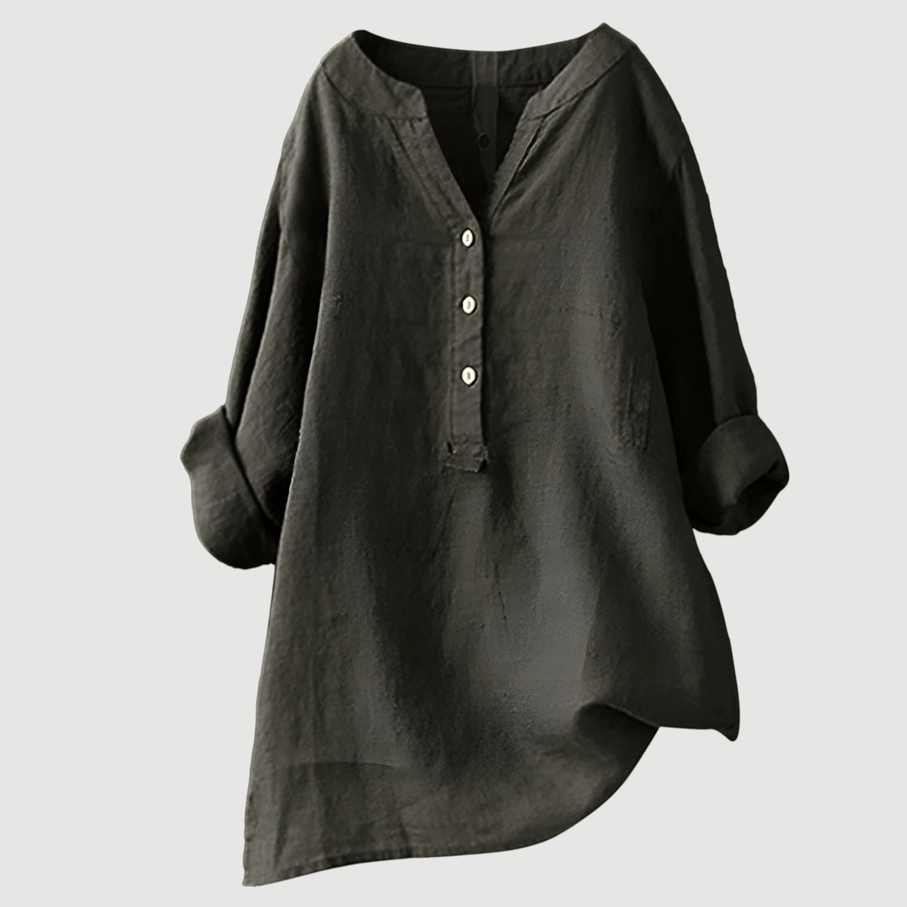 Relaxed Linen Tunic Blouse with V-Neckline and Roll-Up Sleeves