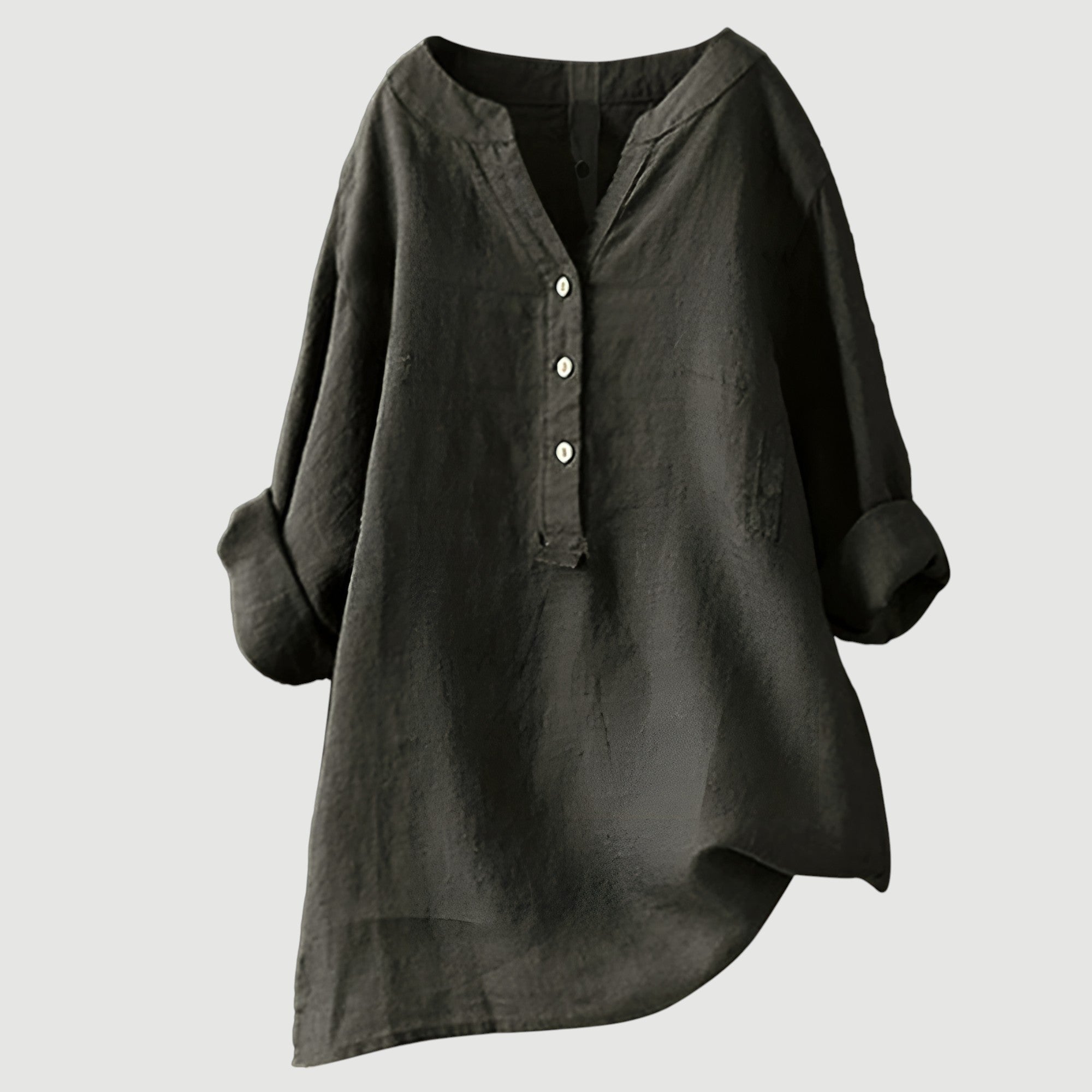 Relaxed Linen Tunic Blouse with V-Neckline and Roll-Up Sleeves