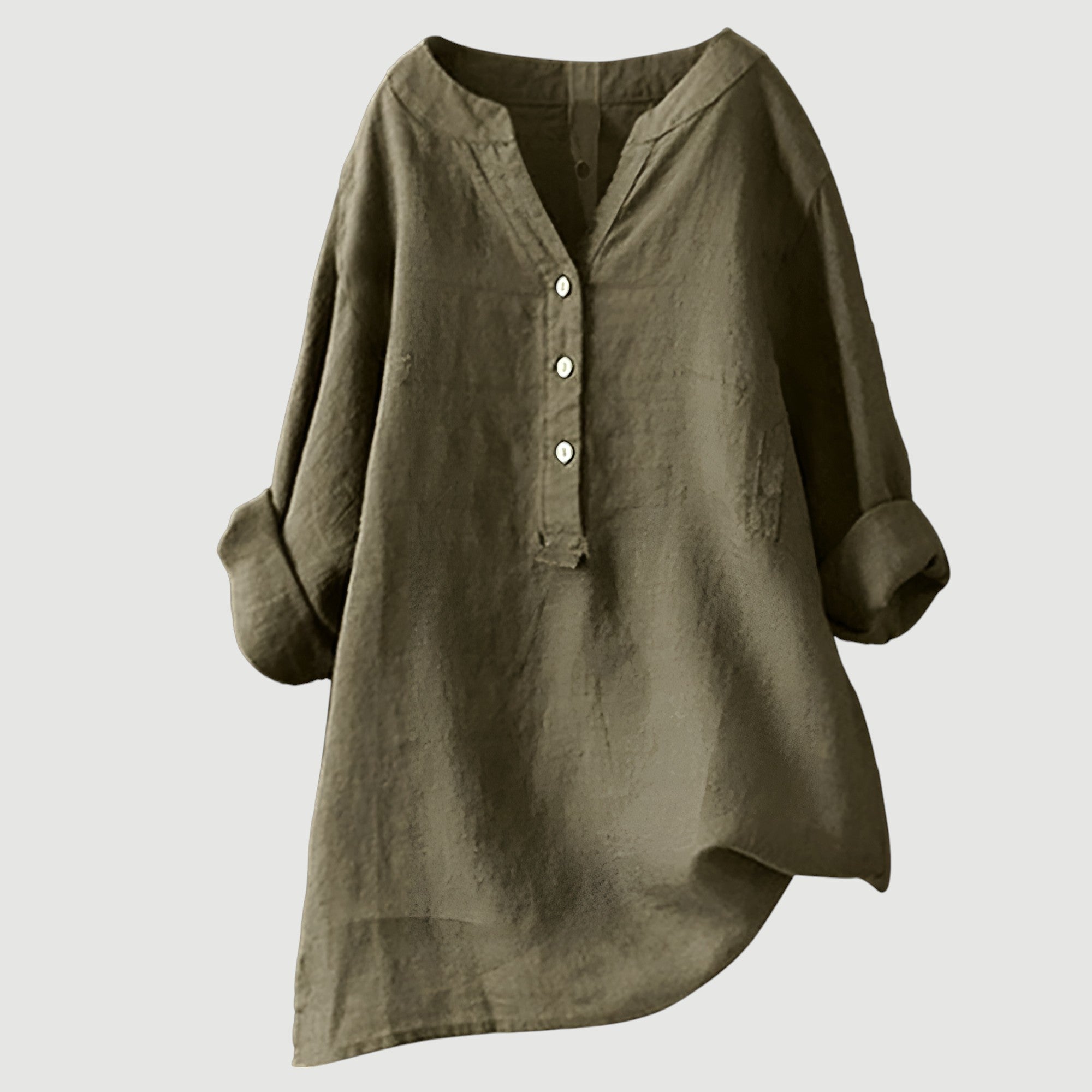 Relaxed Linen Tunic Blouse with V-Neckline and Roll-Up Sleeves