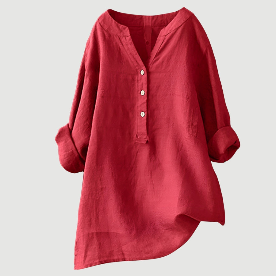 Relaxed Linen Tunic Blouse with V-Neckline and Roll-Up Sleeves