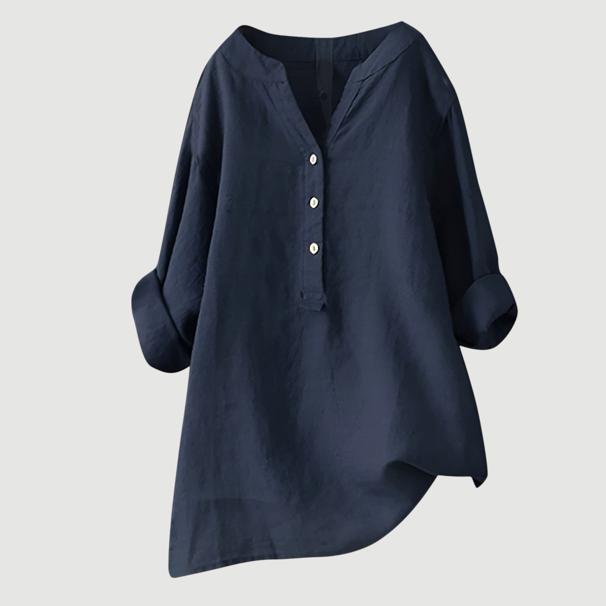 Relaxed Linen Tunic Blouse with V-Neckline and Roll-Up Sleeves