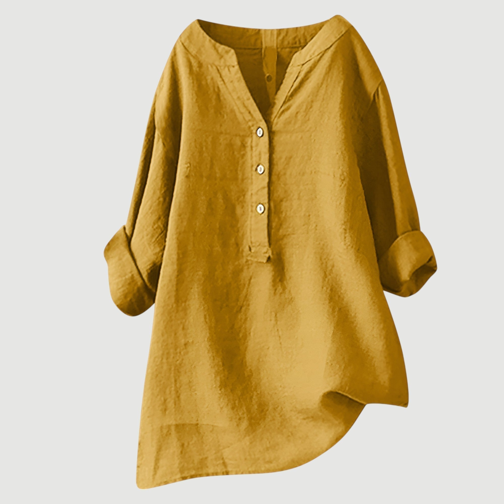 Relaxed Linen Tunic Blouse with V-Neckline and Roll-Up Sleeves