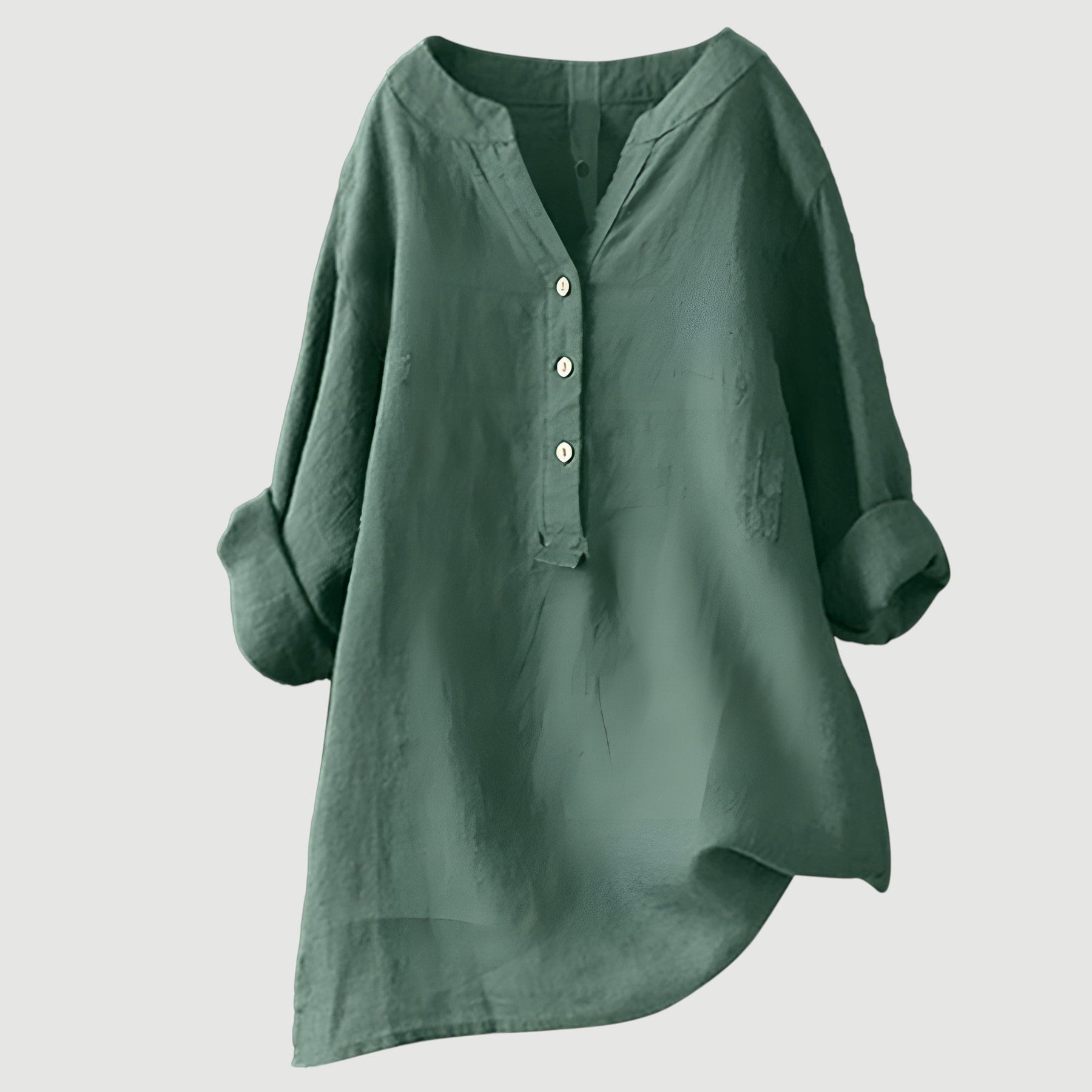 Relaxed Linen Tunic Blouse with V-Neckline and Roll-Up Sleeves