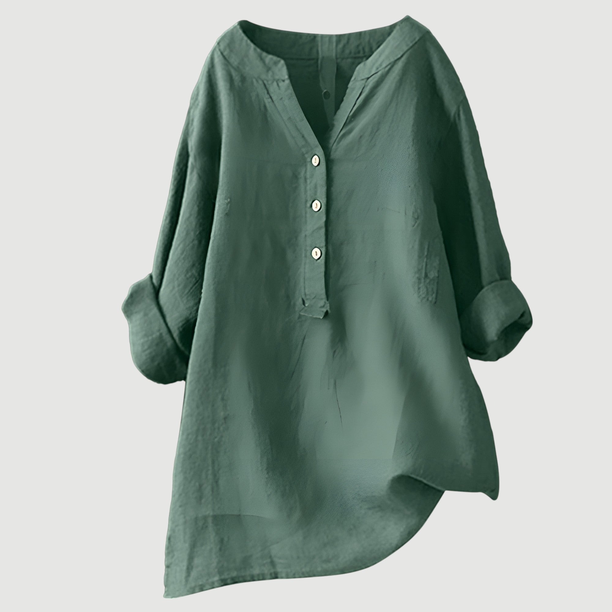 Relaxed Linen Tunic Blouse with V-Neckline and Roll-Up Sleeves