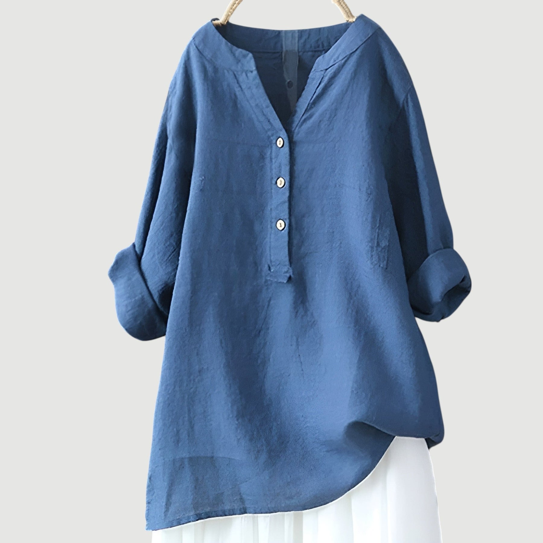 Relaxed Linen Tunic Blouse with V-Neckline and Roll-Up Sleeves